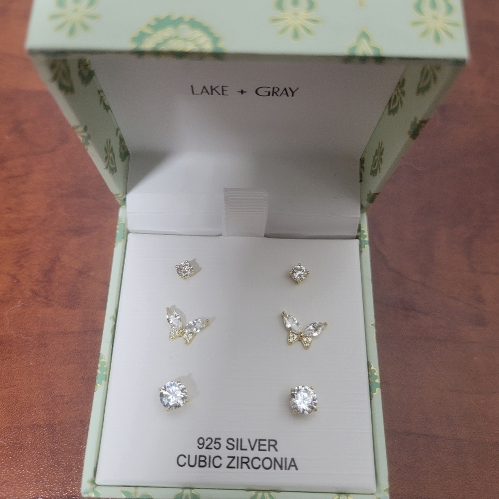 Lake & Gray Silver and Gold Cubic Zirconia 3 Piece Earring Set NiB